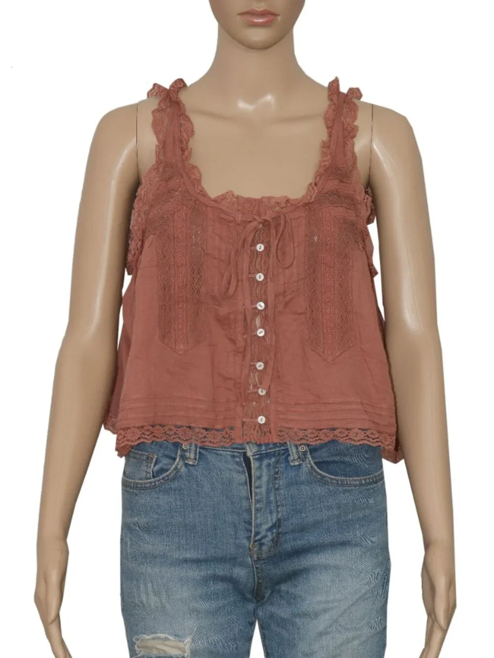 Free People Forevermore Tank Top Adjustable Tie Sheer Lace Ruffle XS